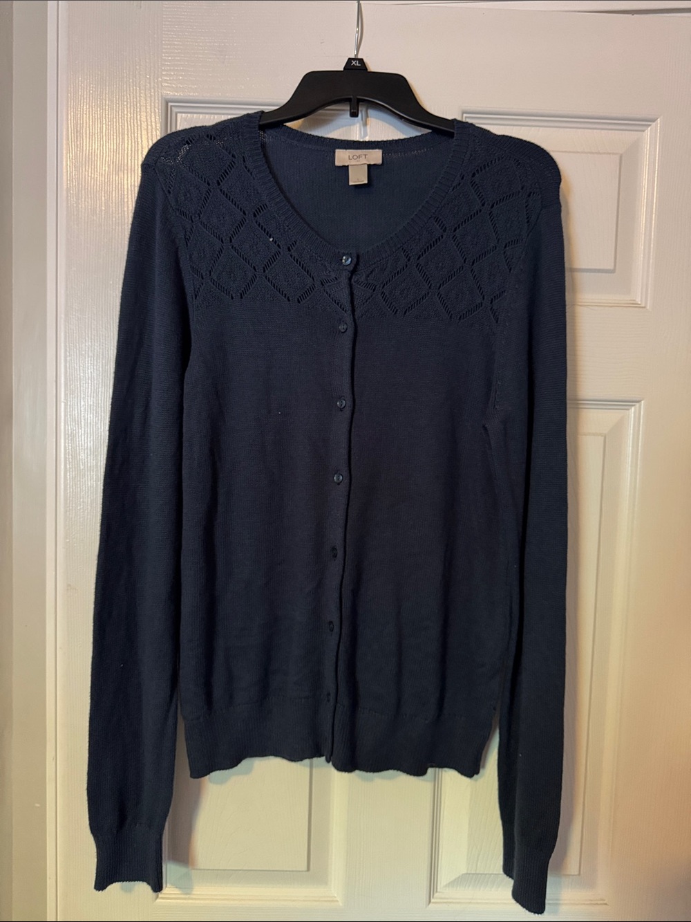 LOFT Navy Pointelle Yoke Button-Front Cardigan